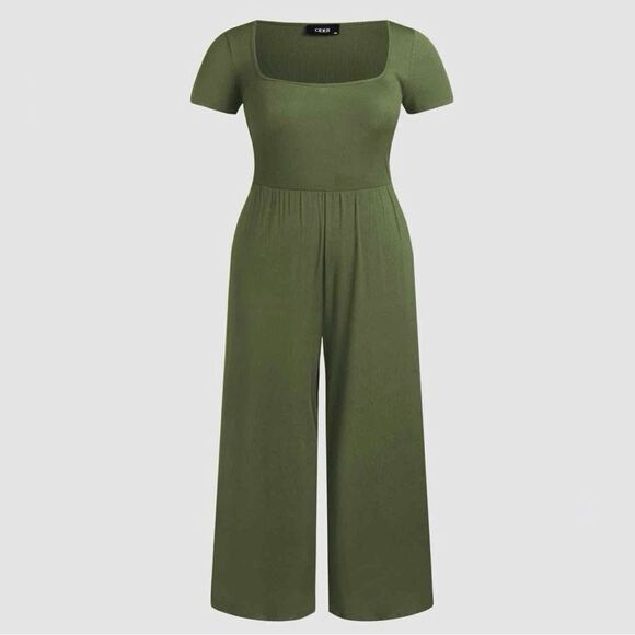 Cider Jumpsuit Square Scoop Neck Wide Leg Short Sleeve Olive Green 0XL 12 14 - Picture 15 of 15